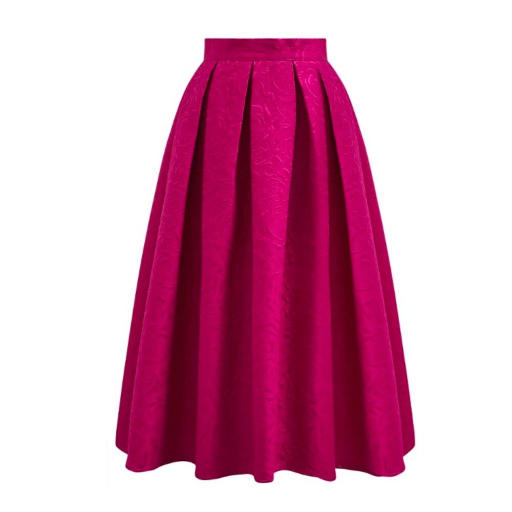 Embossed Floral Pleated Flare Midi Skirt in Hot Pink